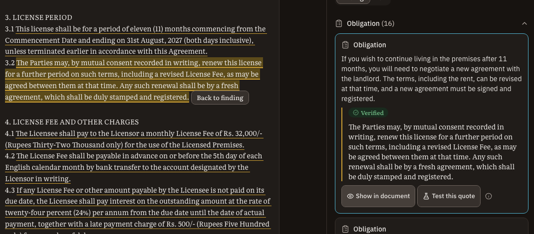 Saboot's document workspace: a lease clause highlighted alongside the exact quote it came from.