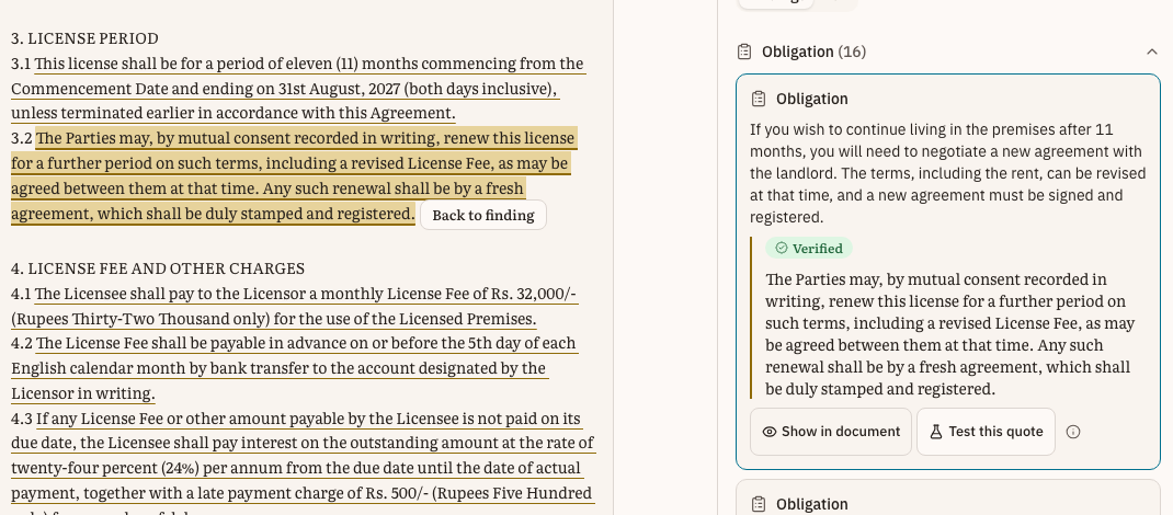 Saboot's document workspace: a lease clause highlighted alongside the exact quote it came from.